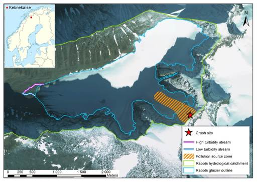 Figure 2. Rabots glaciär location and pollution source zone (from Clason et al., submitted)